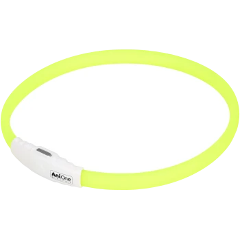 Un collier pour animal de compagnie jaune vif avec une unité de contrôle blanche comportant un bouton d'alimentation, étiqueté "AniOne."