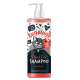 Flasche Bugalugs Floh- und Zecken-Shampoo, 500ml, mit einer Cartoon-Katze, veganem Etikett und Text, der Neemöl und humane Tests hervorhebt.