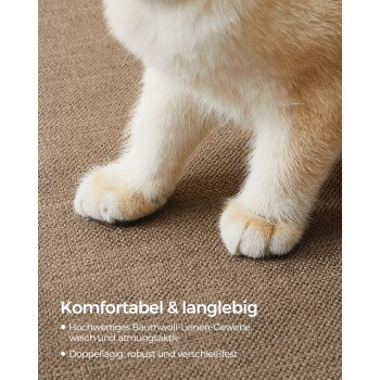 Nahaufnahme der Pfoten einer Katze auf einer strukturierten Oberfläche, mit Text, der den Komfort und die Haltbarkeit eines Baumwoll-Leinen-Stoffs hervorhebt.