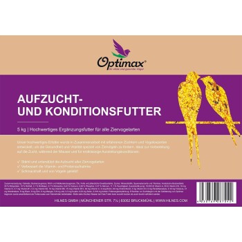 Optimax Aufzucht- und Konditionsfutter, 5 kg, Premium-Vogelfutter für alle Haustier-Vogelarten, mit aufgeführten Nährstoffen und Zutaten.