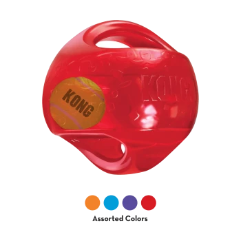 Roter KONG-Gummiball für Hunde mit Griff und Tennisball-Grafik mit der Aufschrift 'KONG'; bunte Punkte und der Text 'Assorted Colors' darunter.