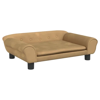 Stylisches hellbraunes Haustiersofa mit abgerundeten Armen, Knopfdetails und einem plüschigen Kissen, das auf vier schwarzen Beinen ruht.
