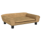 Stylisches hellbraunes Haustiersofa mit abgerundeten Armen, Knopfdetails und einem plüschigen Kissen, das auf vier schwarzen Beinen ruht.