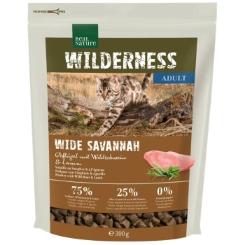 WILDERNESS Trockenfutter Katze, Adult, Wide Savannah, Geflügel mit Wildschwein und Lamm 300 g Tierfutterbeutel "Wilderness Adult Wide Savannah" mit einer Katze, 75% Geflügel/Wildschwein/Lamm, 25% Früchte/Gemüse, 0% Getreide.