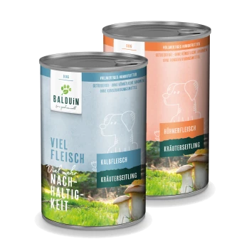 Zwei Dosen Hundefutter der Marke BALDUIN, mit Etiketten, die "Viel Fleisch" und "Hühnfleisch" mit Illustrationen eines Hundes und Pilzen zeigen.