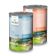 Zwei Dosen Hundefutter der Marke BALDUIN, mit Etiketten, die "Viel Fleisch" und "Hühnfleisch" mit Illustrationen eines Hundes und Pilzen zeigen.