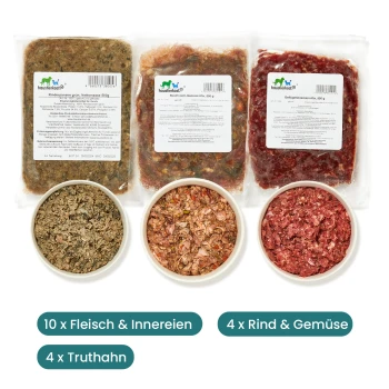 Bild von Haustierfutterpaketen und Schalen, mit 10 Packungen Fleisch und Innereien, 4 Packungen Rindfleisch und Gemüse sowie 4 Packungen Truthahn.