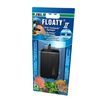 Floaty II S Schwarzer Algenmagnetreiniger JBL Floaty II S, geeignet für Glasdicken bis zu 6 mm, mit Bildern von Fischen und Korallen auf der Verpackung.