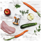 Eine Dose "DOG'S LOVE" Hundefutter, umgeben von frischen Zutaten: einem roten Apfel, geschnittenem grünen Apfel, Karotte, Zucchini, Algen und rohem Huhn.