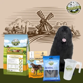 Ein schwarzer Neufundländer sitzt neben Bellfor Tierprodukten: Hundefutter, Zahnsticks und einem Messbecher, mit einer ländlichen Kulisse.