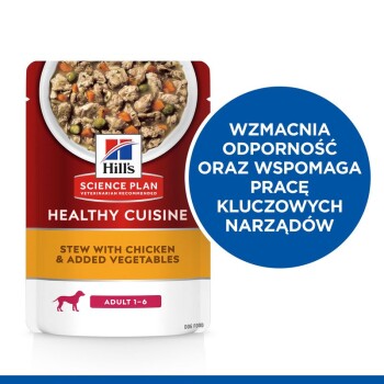 Torebka z jedzeniem Hill's Science Plan Healthy Cuisine dla psów z gulaszem z kurczaka i dodatkowymi warzywami, z polskim tekstem promującym wsparcie odporności.
