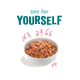 Un bol de nourriture pour animaux rempli de morceaux colorés de viande et de légumes, avec le texte "voir par VOUS-MÊME" au-dessus.