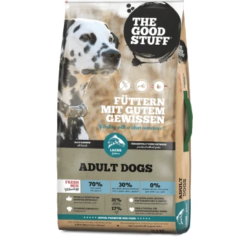 Eine Hundefuttertüte mit einer Nahaufnahme eines Dalmatiners, beschriftet mit "THE GOOD STUFF", mit Text in Deutsch und Englisch über Zutaten und Vorteile.