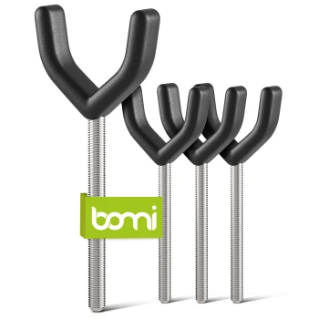 Vier schwarze Y-förmige Haken mit gewindelangen Metallstangen, mit einem grünen 'bomi'-Label versehen.