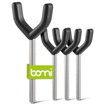 Vier schwarze Y-förmige Haken mit gewindelangen Metallstangen, mit einem grünen 'bomi'-Label versehen.