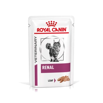Royal Canin Veterinary Renal Katzenfutterbeutel mit einem Bild einer grauen getigerten Katze, beschriftet mit "RENAL" und "LOAF" auf einem weißen Hintergrund.