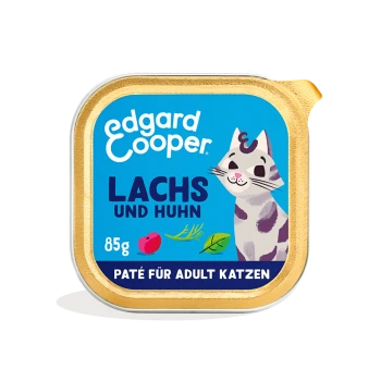 Edgard Cooper Katzenfutterverpackung mit einer verspielten Katzenillustration, beschriftet "Lachs und Huhn", 85g, für erwachsene Katzen.