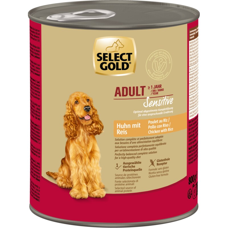 SELECT GOLD Sensitive Natvoer Volwassenen Kip met rijst 12x800 g