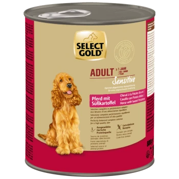 Select Gold Adult Sensitive Hundefutterdose mit Bild eines goldenen Cocker Spaniels, Pferd mit Süßkartoffelgeschmack, 800g.
