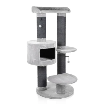 Grau Katzenbaum mit mehreren Ebenen, einem gemütlichen Versteck und einem hängenden Spielzeug, entworfen zum Klettern und Kratzen.