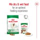 Royal Canin mini adult dog food packaging, featuring a dry food bag and a wet food pouch, with a message about mixing for optimal feeding.