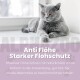 Graue Katze liegt mit dem Text „Anti Flöhe Starker Flohschutz“, der natürlichen Flohschutz für Haustiere bewirbt.