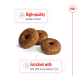 Three round, brown dog treats with a hole in the center, labeled "High-quality protein content" and "Enriched with EPA, DHA and vitamins C & E."