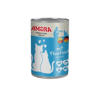 Dose AMORA Katzenfutter, blaues Etikett mit weißen Katzensilhouetten und Herzen; Aufschrift 'mit Thunfisch' und 'FLEISCH PUR ADULT'.