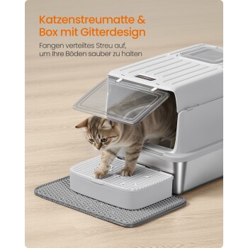 Katzenstreumatte und -kasten mit Gitterdesign, fängt verstreutes Streu auf, um Böden sauber zu halten, mit einer Katze, die heraustritt.