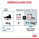 Instructietabel voor het voeden van een kat van 4 kg, met 3 blikken of 1 blik plus 36g Royal Canin Hairball Care, met een opmerking over water.