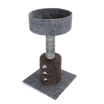 - Kratzbaum - Katzenbaum - Katzenhaus Katzenbaum mit einer runden Oberseite, einer strukturierten braunen Basis und drei plüschigen Spielmäusen, die an der Seite befestigt sind, entworfen für das Spielen und Ausruhen von Haustieren.