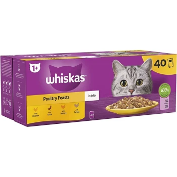 Whiskas Poultry Feasts cat food packaging featuring a gray cat's face, with flavors including chicken, duck, poultry, and turkey.