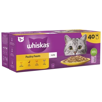 Whiskas Poultry Feasts cat food packaging featuring a gray cat's face, with flavors including chicken, duck, poultry, and turkey.