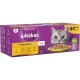 Whiskas Poultry Feasts cat food packaging featuring a gray cat's face, with flavors including chicken, duck, poultry, and turkey.