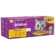 Whiskas Poultry Feasts cat food packaging featuring a gray cat's face, with flavors including chicken, duck, poultry, and turkey.
