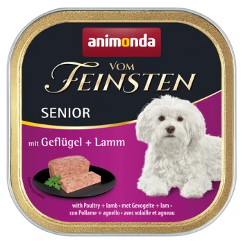 Vom Feinsten Senior 22x150g Geflügel und Lamm Nassfutterdose mit einem weißen Hund auf dem Etikett, mit dem Text "animonda vom Feinsten SENIOR" und "mit Geflügel + Lamm".