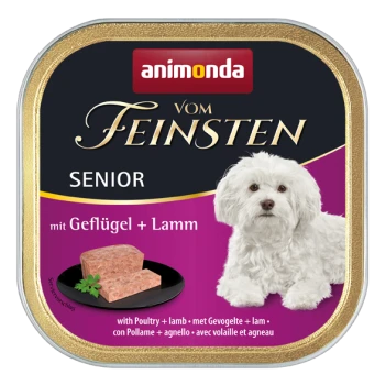 Nassfutterdose mit einem weißen Hund auf dem Etikett, mit dem Text "animonda vom Feinsten SENIOR" und "mit Geflügel + Lamm".