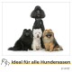 Drei Hunde posieren zusammen: ein großer schwarzer Pudel, ein flauschiger schwarzer Hund und ein flauschiger braun-schwarzer Hund. Der Text lautet "Ideal für alle Hunderassen."