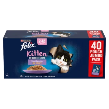 Purina Felix Kitten wet cat food 40 pouch jumbo pack, mixed selection in jelly with beef, chicken, tuna, salmon.