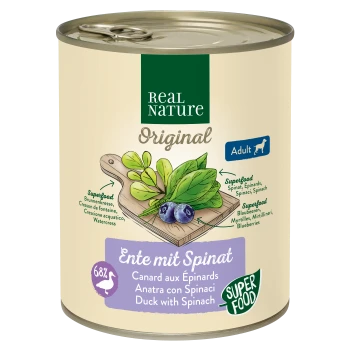 Dosenfutter für Hunde "Real Nature Original" mit dem Etikett "Ente mit Spinat," das Superfoods wie Spinat und Heidelbeeren zeigt.
