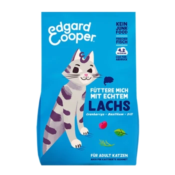 Katzenfutterbeutel mit einer verspielten illustrierten Katze, mit dem Text 'FÜTTERE MICH MIT ECHTEM LACHS' und Details zu Cranberries, Basilikum und Dill.