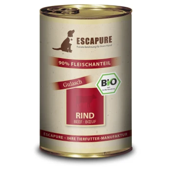 Dose Escapure-Hundefutter mit "Gulasch" und 90% Fleischanteil, gekennzeichnet mit "RIND" und einem grünen Bio-Zertifizierungslogo.