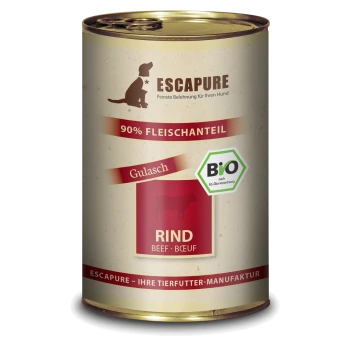 Dose Escapure-Hundefutter mit "Gulasch" und 90% Fleischanteil, gekennzeichnet mit "RIND" und einem grünen Bio-Zertifizierungslogo.