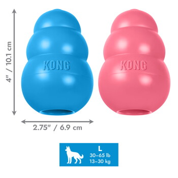 Niebiesko-różowe zabawki KONG z logo KONG, 4"/10,1 cm wysokości × 2,75"/6,9 cm szerokości, rozmiar L 30–65 lb (13–30 kg).