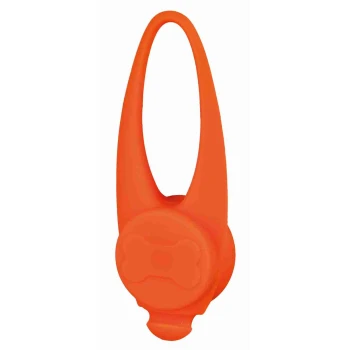 Helle orangefarbene Haustierkotbeutelspender in Form eines Knochens, mit einer Schlaufe zur einfachen Befestigung an Leinen oder Taschen.