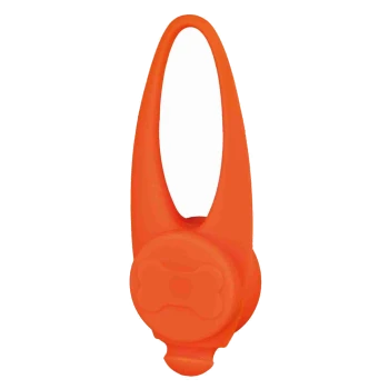 Helle orangefarbene Haustierkotbeutelspender in Form eines Knochens, mit einer Schlaufe zur einfachen Befestigung an Leinen oder Taschen.