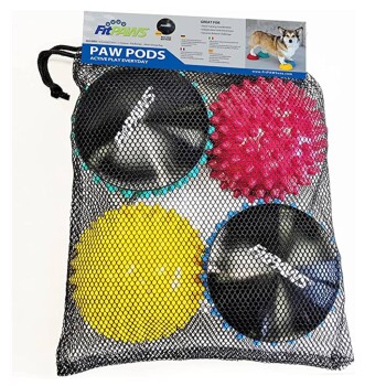 Eine Netztasche hält vier bunte Hundetraining-Pods: pinke Stachel, gelbe runde und zwei schwarze mit blauen Kanten, beschriftet mit "FitPAWS PAW PODS."