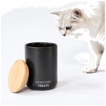 Eine flauschige weiße Katze nähert sich neugierig einem schwarzen Leckerli-Glas mit der Aufschrift 'PAWSOME TREATS' und einem Holzdeckel, vor einem weißen Hintergrund.