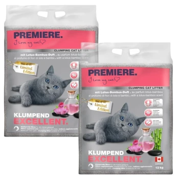 Zwei Beutel PREMIERE Klumpen Katzenstreu mit einer grauen Katze und Lotus-Bambus-Duft. Text: "Ich liebe meine Katze," "Klumpend Excellent."