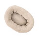 Draufsicht auf ein beiges Cord-Oval-Katzenbett mit erhöhtem Rand und gerippter Textur.